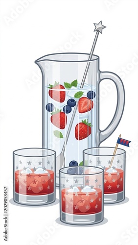 4th of July Mocktail Station with Star Glasses Vector Illustration
