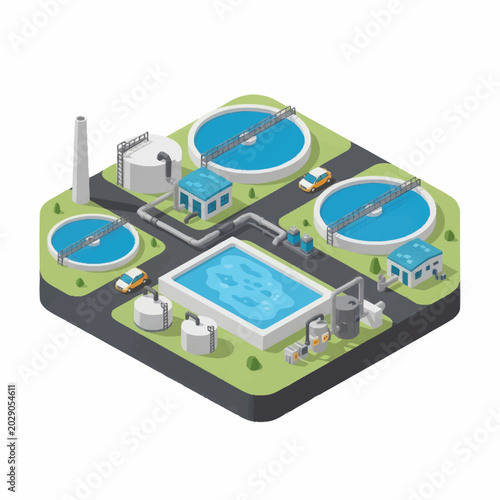 Modern Water Treatment Plant Facility with Circular Tanks and Buildings.