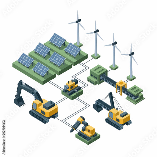 Renewable energy sources and construction equipment illustration.