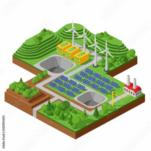 Sustainable energy production complex with wind turbines and solar panels.