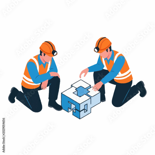 Two construction workers collaborating on a building model.