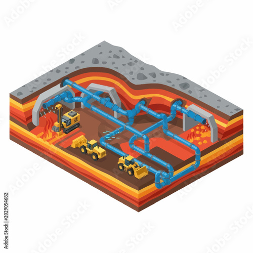 Underground mining operation with heavy machinery and water pipes.