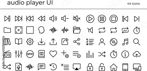 Audio player interface line icon set for music playback controls streaming navigation and mobile application design
