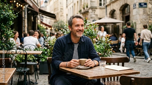 Man Enjoying Coffee at Outdoor Cafe in Lyon, France.