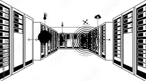 Modern data center server room with cloud connectivity icons