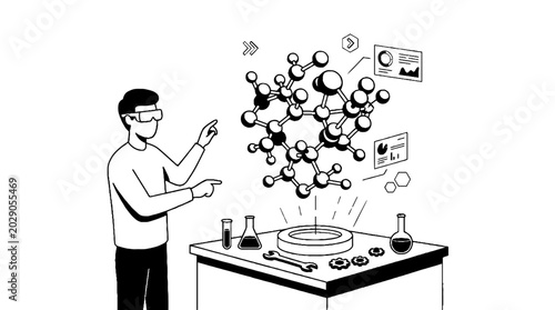Scientist analyzing a 3d molecular structure hologram