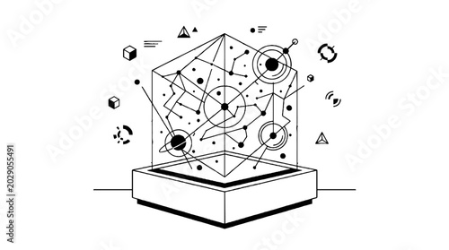 Futuristic cosmic data visualization on a display stand