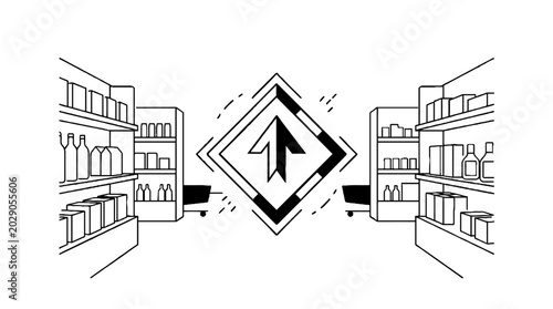 Supermarket aisles with navigation arrow for retail logistics