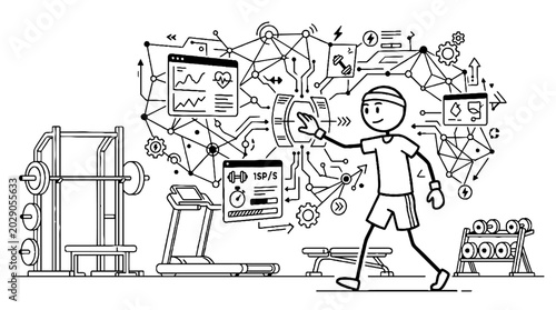 Athlete in gym with digital health and fitness tracking data