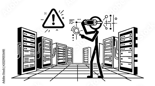 Stick figure in vr headset inspecting data center servers