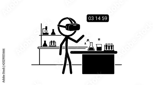 Stick figure performing virtual laboratory experiments in vr