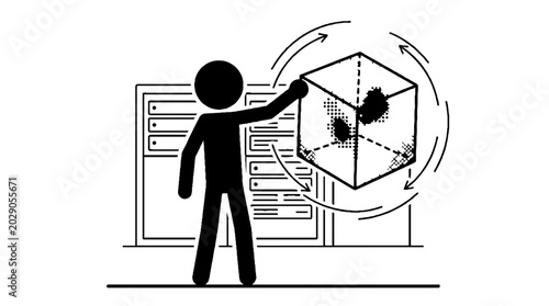 Stick figure interacting with 3d cube model in server room