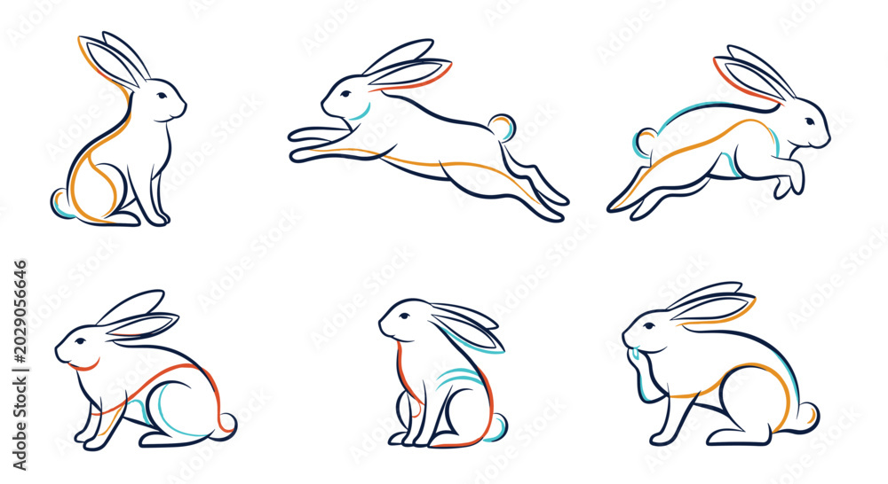 Obraz premium Six simple line drawings of rabbits in various natural poses such as jumping and sitting for animal themed designs.