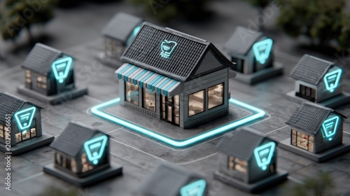 Miniature neighborhood setting illustrates digital connection between residences and a central business location