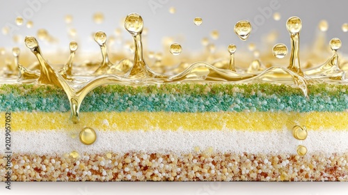 Viscous golden liquid splashes over and permeates multiple distinct material layers in a scientific cross-section display