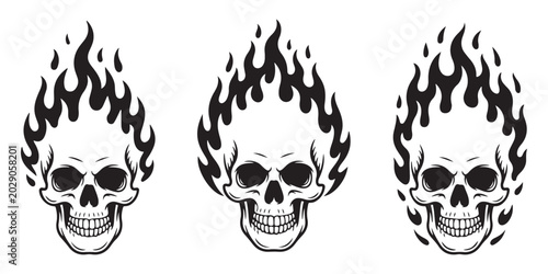 Assorted flaming skull images created as black and white vector art for use in creative projects like logos apparel designs stickers or artistic prints.