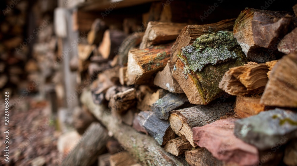Fototapeta premium Close-Up of Neatly Stacked Firewood with Natural Texture and Color Variation in a Rustic Outdoor Setting
