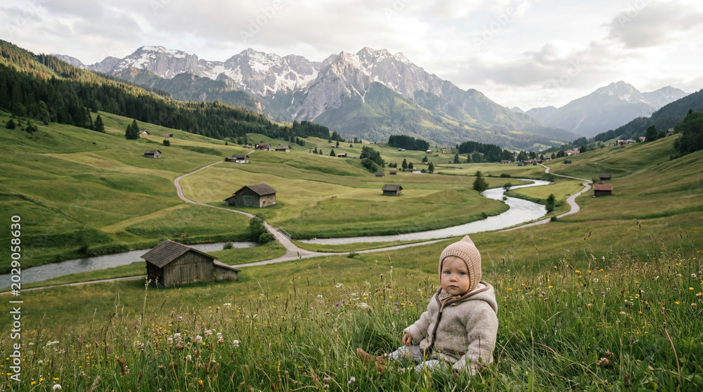 Naklejka premium Baby sitting in alpine meadow with mountains and river in background
