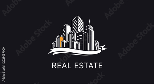 Real estate logo concept featuring a group of stylized high rise buildings with one orange lit building above a white banner.