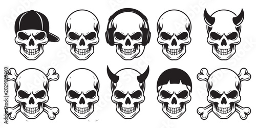 Konstfotografi Set of ten skull icons with different accessories including headphones pirate hats and bones for graphic design and web use