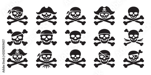 Konstfotografi Fifteen pirate skull icons with different hats and bandanas on white background representing danger and adventure themes