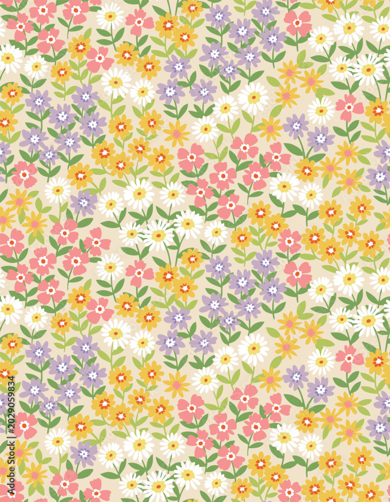 Naklejka premium Seamless floral pattern. Cute garden flowers and leaves colorful pattern. Design for fashion textiles, fabric, print, graphics, backgrounds and crafts.