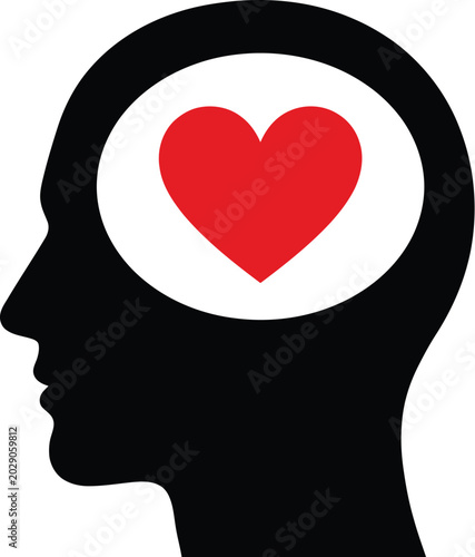 Minimalist graphic illustration featuring a human head profile containing a bright red heart symbol inside it
