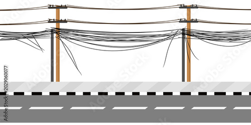 Konstfotografi Messy overhead power cables on poles along an urban asphalt road with black and