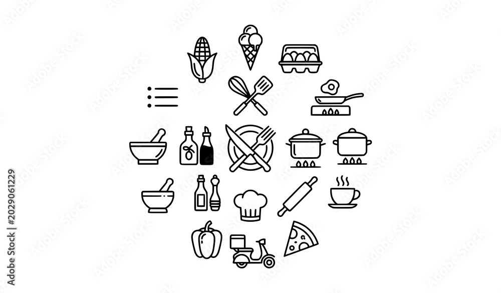 Fototapeta premium Modern food line icons with editable kitchen and cooking vector design