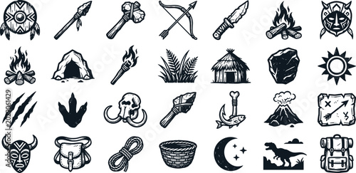 Fotografie Stone age prehistoric caveman survival elements icon set with ancient primitive