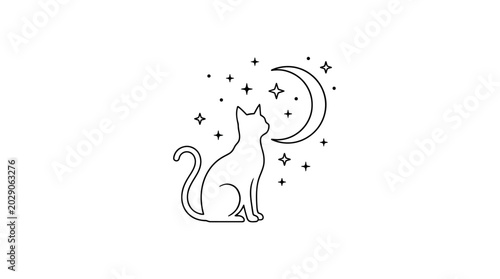 Obraz na płótnie Cat gazing at the moon with stars in the night sky