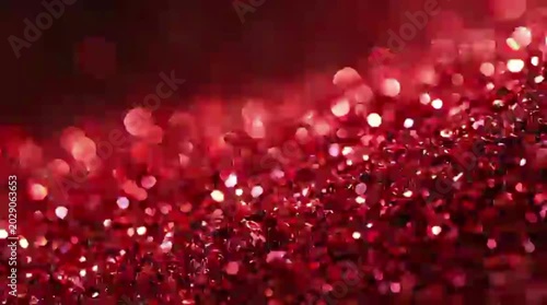Red glitter particles shimmering in soft focus motion creating a beautiful cinematic background for luxury events and holiday celebrations