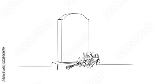 Foto Minimalist Line Art: Tombstone with Bouquet of Flowers, Symbol of Remembrance