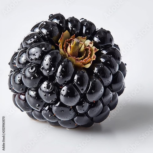 Fresh ripe blackberry fruit rotating in slow motion showing detailed texture and water droplets for healthy food advertising projects
