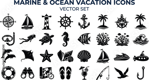 Schilderij op canvas Marine and ocean vacation black silhouette icon set with nautical sailing boats