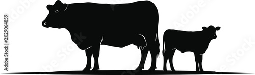 Quadro su tela Black silhouette of a cow and calf standing side-by-side on a white background,