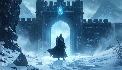 A lone warrior stands before the glowing gates of a formidable ice fortress, ready for an epic journey through a vast, snow-covered mountain kingdom under a mystical light
