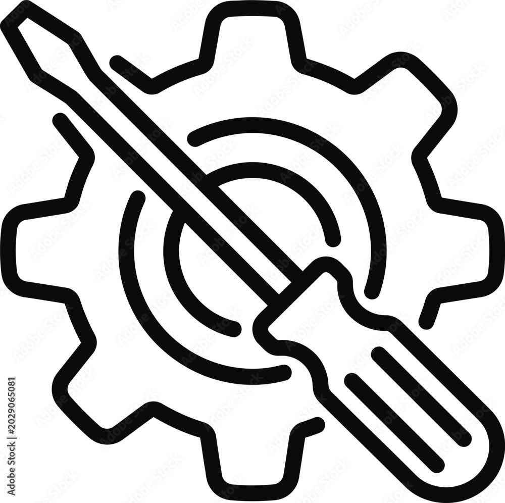 Fototapeta premium Black outline icon featuring a screwdriver crossing a gear wheel representing maintenance.