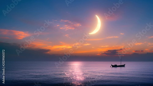 Peaceful Seascape at Twilight with Crescent Moon and Lonely Fishing Boat. Seamless looping 4k video background