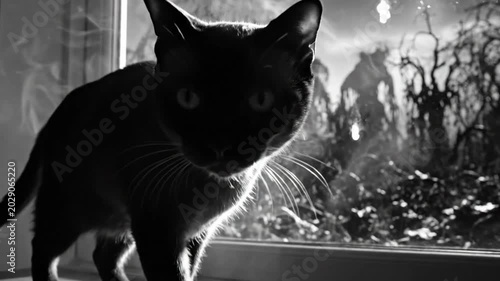Black and white spooky cat indoors with ominous creatures and fog outside of the window, Halloween concept