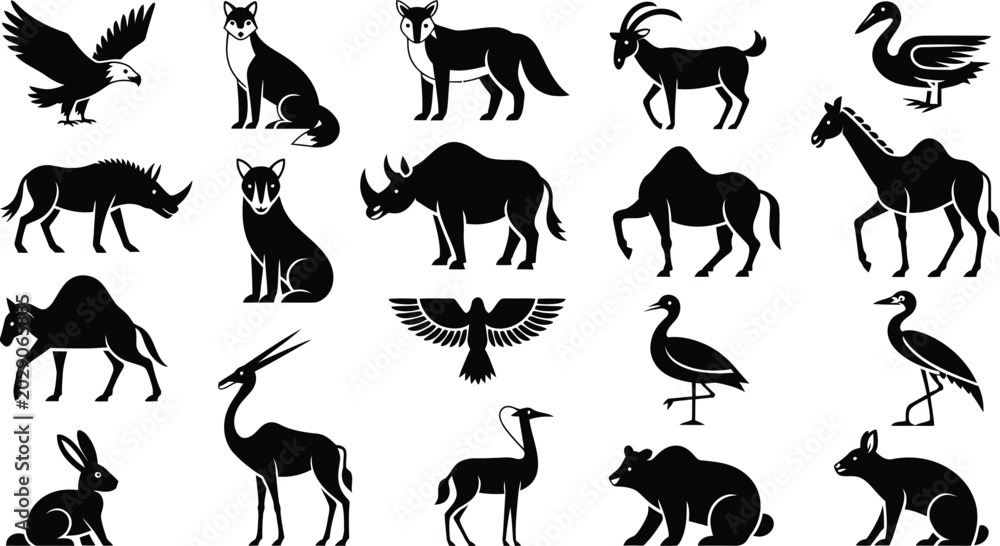 Fototapeta premium Animals and wildlife silhouettes mixed vector graphic set