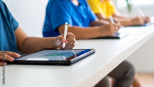 Children in a classroom actively engage with digital learning, their hands holding styluses to tablets, immersed in the modern educational environment, fostering an atmosphere of attentive learning.