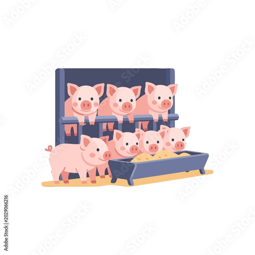 Canvastavla A group of cute pink piglets eating food from a metal trough