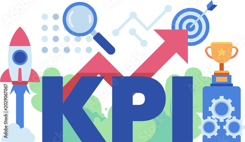KPI Performance Growth with Rocket Launch and Trophy