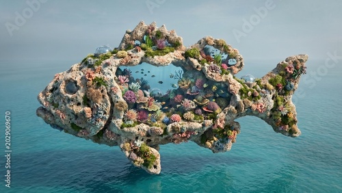 Surreal fish shaped coral reef island floating on calm turquoise ocean water