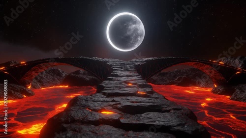 Surreal landscape with a stone bridge over a river of molten lava under a glowing moon