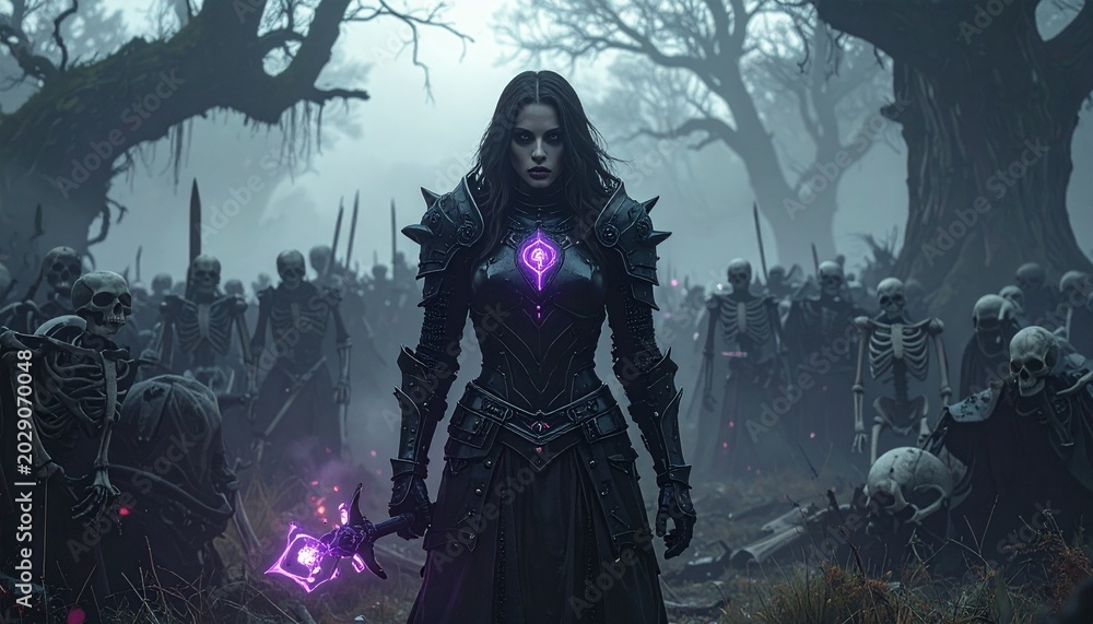 Obraz premium A formidable dark queen in enchanted armor leads her spectral skeleton legion through a mist-shrouded, ancient forest, radiating a powerful, mysterious glow