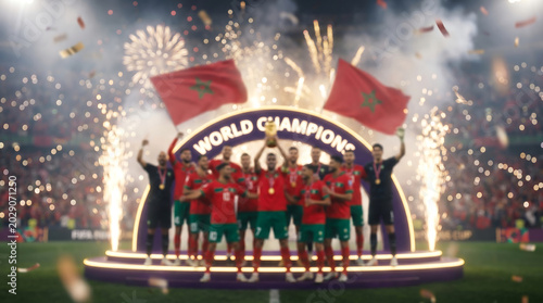 Moroccan team victory celebration, intentionally blurred, soccer/football world champions holding trophy on podium with fireworks and flags. Perfect for sports news and background graphics.