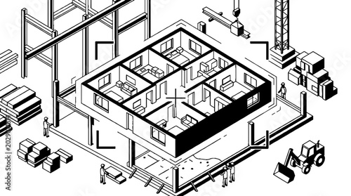 Isometric house floor plan construction site with heavy machinery