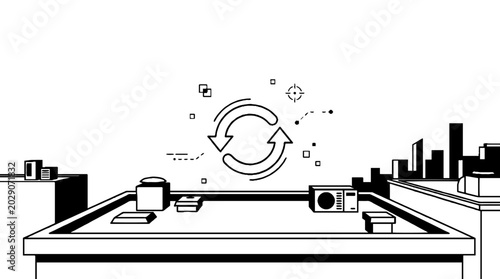 Smart building management system with rooftop city skyline